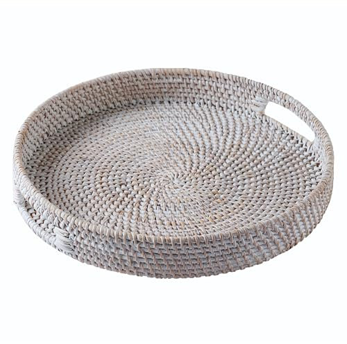 Jungle Culture Bandeja mediana de ratán de 12 pulgadas en color blanco • Bandejas tejidas con asas para el hogar • Bandeja redonda de mesa de comedor • Cesta de mimbre para servir