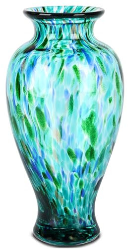 Glasvase, 30 cm hoch, jadegrün, schöne mundgeblasene Glasvase, moderne Glaskunst, Heimdekoration, breite Öffnung, bunte Glasvase für Kaminsims, Esstisch, Tafelaufsatz, Eingangsbereich, Wohnzimmer,