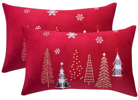 Tosleo 2 Stück Kissenbezug Weihnachten 30x50 cm Dekokissen Samt Kissenhülle Rot Weihnachtsbaum Kissenbezüge für Sofa Wohnzimmer Schlafzimmer Festival Party