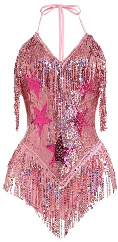 Odizli Vestito sexy da donna con scollo a V con paillettes a stelle e frange, Colore: rosa., S