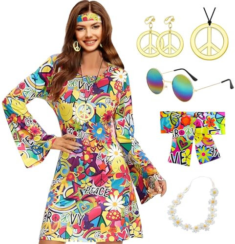 Hippie Kleidung Damen,5 StüCk 60 Er 70er Jahre Hippie Kleid,Halskette Ohrringe Sonnenbrille Disco Fever Kleidung Frau Frauen Damen Kleid FüR Karneval Motto Party,Halloween KostüM Damen (C, L)