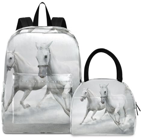Mnsruu Shoolbag Set mit weißen Pferden, für Jungen und Mädchen, Kinder-Rucksack mit Lunchbox-Tasche, Teenager-Schulrucksack für Kinder, Schüler, Büchertaschen, Rucksack-Set, #02, Einheitsgröße