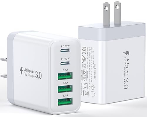 [2-Pack] USB C Wall Charger, 50W Fast USB C Charger Block, 5-Port PD Power Adapter + QC Wall Plug Multiport Type C Charging Block Cube Compatible with iPhone 17 16 15 14 13 12 Pro Max XR XS, Tablets