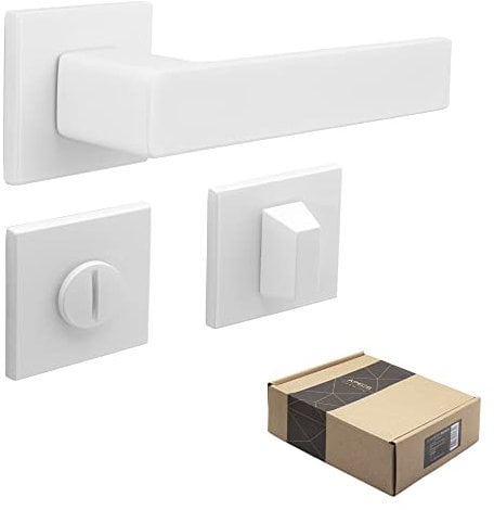 APECS Maniglia per porte interne, moderna, per porta di casa e porte interne, con rosette quadrate, colore bianco opaco, maniglia con materiale di fissaggio, per porta modello REGULUS WC – bagno