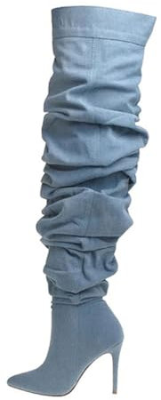 MANYUBEI Stivali sopra Il Ginocchio da Donna, Stivali Alti alla Coscia in Denim di Grandi Dimensioni con Tacco A Spillo E Impunture A Punta Stivali Lunghi, 8 Cm/3,14 Pollici, 39 EU,Blue