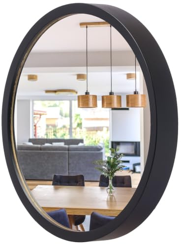 Wandspiegel mit Holz (∅37 cm) Schwarz - Kleine Runder Bad Spiegel LEJA | Massivholz, Einfache Montage, EU-Produktion, 4 mm Spiegelglas, Sicherer Metallhaken, Pflegeleicht