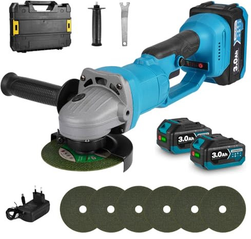 Yofidra Bürstenloser Winkelschleifer, 850W 8000rpm Akku Winkelschleifer mit 2 3.0Ah Akkus, 3 Gang, 6 Sägeblätter, 125mm Scheibendurchmesser für Schneiden, Schleifen und Polieren
