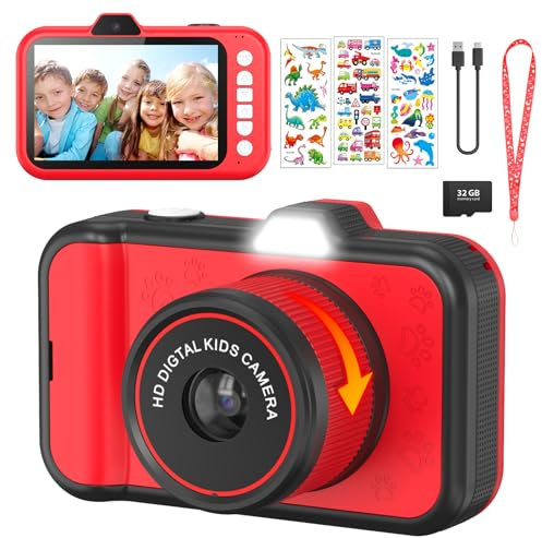 Kinderkamera, ULEWAY 3,5 Großes Display Kinder Kamera mit 360° Rotierendes Zoomobjektiv, Selfies, LED-Blitz, 1080P Fotoapparat Digitalkamera Kinder mit 32G Karte, Spielzeug Geschenke für Kinder 3-12