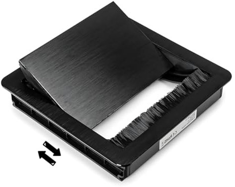 Spacetronik Kabeldurchführung Schreibtisch Eckig, Kabeldurchlass Aluminium mit Bürstendichtung, Kabelkanal Schiebeklappe, beidseitig öffnend, 150x150 mm
