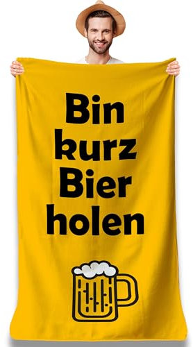 Zinello Design – Strandtuch Mikrofaser 160x80 XXL – Lustiges Handtuch „Bin Kurz Bier Holen“ – Schnelltrocknend, saugfähig, Anti-Sand – Kompakt mit Tasche – Witziges Bier Geschenk für Männer & Frauen