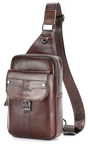 BULLCAPTAIN Samll Herren-Crossbody-Rucksack aus Leder, mit Schulterriemen, Brusttasche für Wandern, Reisen (Dunkelbraun)