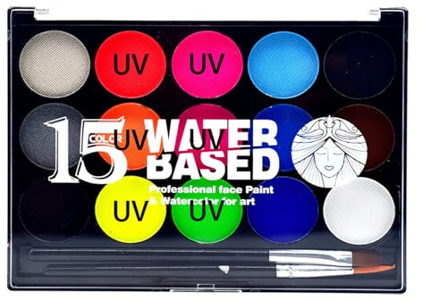 Paleta de pintura facial de neón UV de 15 colores – a base de agua, brilla bajo la luz UV, vívida y duradera, fácil de aplicar con pincel, hipoalergénica, perfecta para Halloween/cosplay/maquillaje de