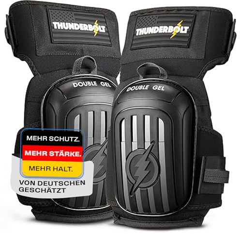 Thunderbolt® Knieschoner Professioneller Knieschützer mit extra dickem Doppelgel, Zuglaschen und rutschfesten Gurten – Knieschoner Fliesenleger, Bau, Bodenbeläge, Gartenarbeiten