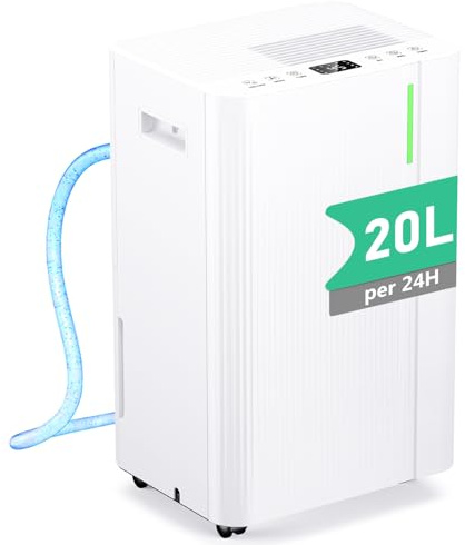 Luftentfeuchter – 20L/Tag, Elektrischer Luftentfeuchter Leise, mit Kompressor, 3 Modi, Kontinuierliche Entwässerung, 5L Wassertank, Timer 24 Stunden, Gegen Feuchtigkeit für Haus/Wohnung/Keller