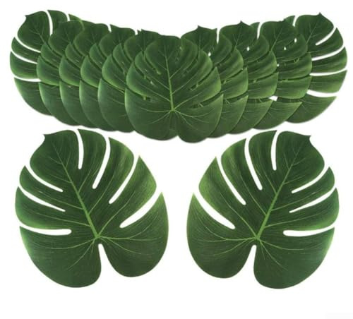 Grandi foglie di palma finte Monstera 30 x 35 cm seta verde tropicale giungla decorazioni per feste di compleanno hawaiane Luau centrotavola e decorazione per interni