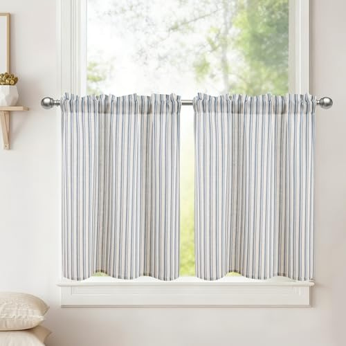 DWCN Leinen Küchengardinen Scheibengardinen Gardinen Kurz H45xB90cm 2er Set | Gestreift Blau, Leinenoptik Vorhänge Halbtransparent Bistrogardine mit Stangedurchzug für Schlafzimmer Schrankvorhang