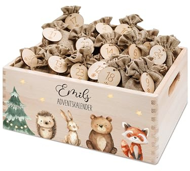 Bärenfreunde Personalisierter Adventskalender zum Befüllen, Holz, Kinder | Adventskiste, Stoffbeutel selbstgestalten, Säckchen, Jutesäckchen, Diy-Box, Tütchen, Säckchen, Weihnachten