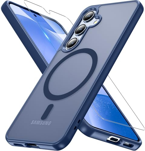 BESINPO Magnetisch Für Samsung Galaxy S24 Hülle Mit Panzerglas Glas, S24 Hülle Kompatibel Mit MagSafe Militärschutz Handyhülle Für S24 Matt Transluzente Schutzfolie Schutzhülle Cover Case(Blau)