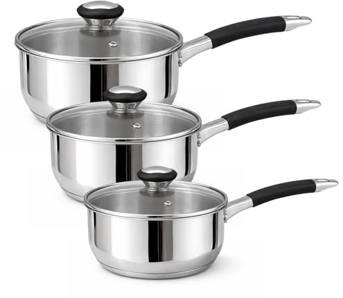 3-Piece Stainless Steel Saucepan Set with Glass Lids – 16cm / 18cm / 20cm | Induction-Compatible Cooking Pots | Heat-Resistant Handles | Dishwasher Safe Cookware for Gas, Electric & Ceramic Hobs