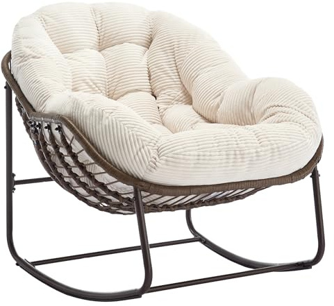 muenfly Schaukelstuhl Outdoor – Ei Schaukelstuhl aus Rattan, Relaxsessel & Loungesessel für Garten, Terrasse & Balkon, Weiß