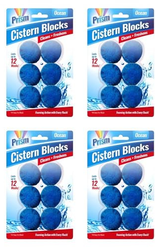 24 x Prism Ocean Toilet Cistern Blocks – Blue Water Foaming Toilet Cleaner Tablets for Cistern Tank, Long Lasting Freshness & Limescale Control, Drop-In Toilet Cleaning Blocks for Bathroom
