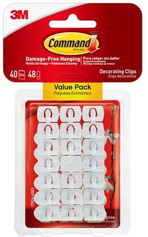 Command Decorating Clips, Pack of 40 Mini Hooks and 48 Small Adhesive Strips, White - Hanging Clips for Decorations and Fairy Lights, Wall Adhesive - Damage Free Hanging
