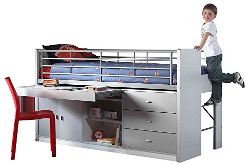Vipack Hochbett Bonny m.ausziehbarer Schreibtischp. weiß/silbergrau
