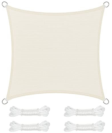 SONGMICS Vela de Sombra de 4 x 4 m, Tejido HDPE de Protección Solar, Transpirable, Permeable al Agua, Terraza, Jardín, Balcón, Camping, Cuadrada, Cóncava, Cuerdas de 2 m, Beige GSS44IVV1