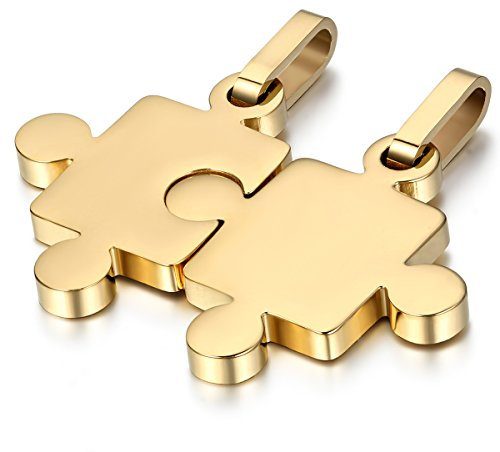 JewelryWe Valentinstag Schmuck 2 Freundschaftsketten Puzzle Love Edelstahl Partner-Anhänger mit 45cm und 55cm Kette, Halskette für Damen & Herren, Gold