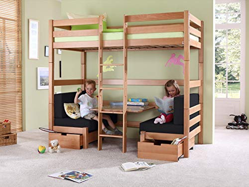 Relita Etagenbett Finley mit Sitzgelegenheit, Buche massiv, Natur lackiert, Kissen schwarz