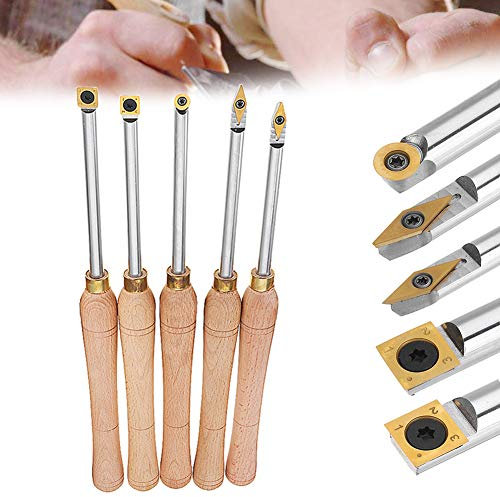 Hartmetall Drehstahl Drehmeißel, Hartmetall-Meißel Mit Holzgriff, Vierkantkopf, Rundkopf, Diamantkopf, Wendeschneidplatten Stemmeisen Satz (5-Tlg)