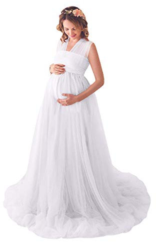 IBAKOM Robe Grossesse Shooting Photo Col en V Élégante Vetements Maternité Robe Longue en Tulle Photographie Mariage Cocktail Soirée Maxi Robes Blanc M