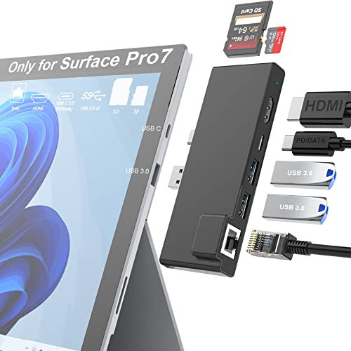 Surface Pro 7 Docking Station 7-in-1 Microsoft Surface Pro 7 Dock with 4K / 60Hz HDMI, 1000M Ethernet Adapter, 60W USB-C PD Charging, SD/TF Slot, 2 USB 3.0 Ports - fits Surface Pro 7 only