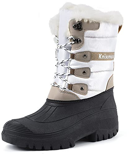 Knixmax Stivali da Neve Stivali Invernali Foderati in Pelliccia Suole Impermeabili Scarpe Calde Stringati Donna Bianco 40EU