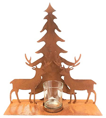 creativ home Metall Teelichthalter Hirsch Baum Glasteelicht 25x8x28cm Rost, Rostdeko, Windlichthalter