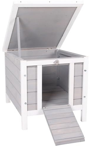 PawHut Conejera de Madera Exterior Jaula Caseta para Roedores Mascotas Pequeñas con Techo Asfáltico Se Puede Abrir y Rampa Antideslizante 42x51x43 cm Gris