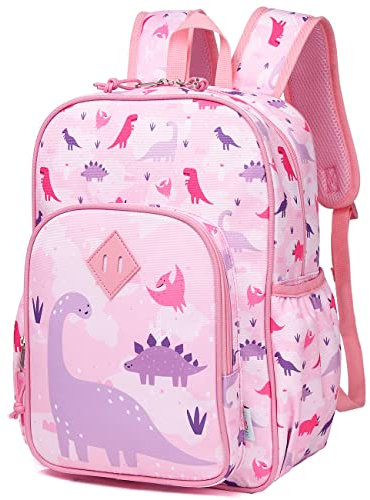 VASCHY Sac à dos léger de 11,5 l pour garçons et filles, sac à dos résistant à l'eau avec sangle de poitrine réfléchissante avec poches élastiques pour bouteille pour la maternelle, Dinosaures - Rose