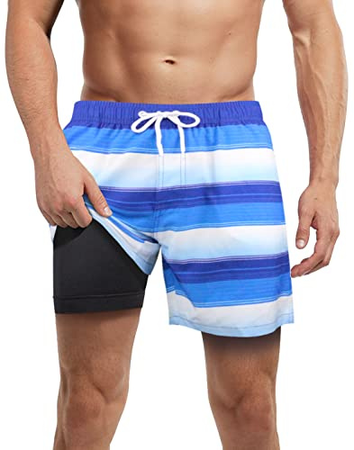 LUCOWEE Mens Swim Trunks with Compression Liner no Chafe Boxer Brief Lined Swimming Trunks Quick Dry UPF 50+ Stretchy 5/7 inch Inseam Bathing Suit Shorts