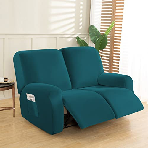Mingfuxin Reclining Love Seat Slipcover, 6-teiliger Samt-Stretch-Loveseat Recliner Sofa Covers, weicher Plüsch 2-Sitzer Reclining Sofa Couch Slipcovers (Recliner Loveseat, Smaragdgrün)