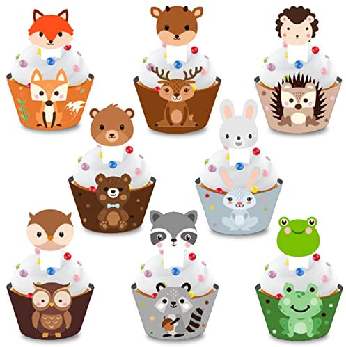Waldtiere Kuchen Deko, 48 Stück Kuchendeckel Tier Cupcake Toppers Wrapper Cake Topper Tortendeko für Kinder Baby Party Geburtstag Dekoration