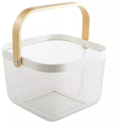 Sarmini Aufbewahrungskorb mit Holz Henkel, Multifunktionaler Metalldraht Hängende Küchenkörbe Obstkorb Ideal für Küche, Bad, Speisekammer, Garten, Schrankhaus, Einkaufen (Quadrat - Weiß)