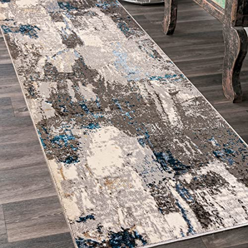 Mazovia Teppich Läufer Flur - Modern Teppichläufer – Kurzflor, Weich - für Vorzimmer Eingangsbereich Schlafzimmer Küche Korridor - Abstrakt Muster 80 cm Breite - Beige Blau Grau 80 x 175 cm