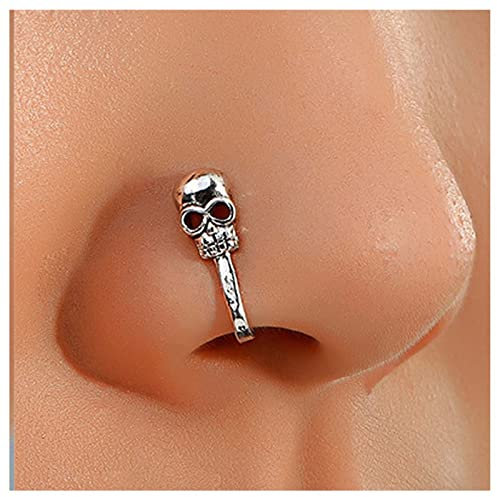 Cimenexe Punk Skull Clip On Nasenring Silber - Non Piercing Totenkopf Nasenmanschette Hoop Ring Septum Piercing Schmuck für Frauen und Mädchen Geschenke