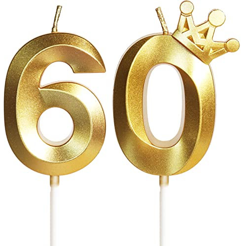 Geburtstagskerze 60 Zahlenkerze 60 mit Krone, 5cm Gold Geburtstagskerzen, Kerzen Geburtstag, Tortendeko Geburtstag, Tortendekoration für Kinder, Erwachsene, 60. Geburtstagsfeier, Jubiläum, Nummer 60