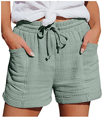 MeiLyviba Damen Shorts Sommer Mode Lässige Musselin Hose mit hoher Taille Gerades Bein Sport Lockere Kordelzug Kurze Taschen Gummiband Freizeit Elastische Stoffhose, XL, Grün