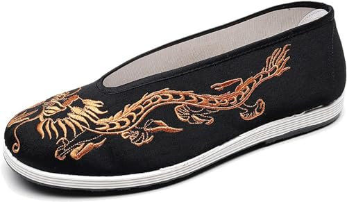 Dragon Brodé Tai Chi Art Martial Kung Fu Chaussures Unisexe Traditionnel Chinois Vieux Pékin Tissu Chaussures Slip Ons Antidérapant Respirant Semelle en Caoutchouc Chaussures (Color : Gold, Size : 3