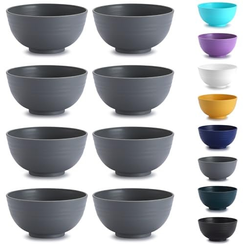 Kyraton tazón de cereales de plástico en 8 piezas, Tazón liviano irrompible y reutilizable para sopa de fideos de arroz, ensalada, ensalada, fruta, apto para lavavajillas