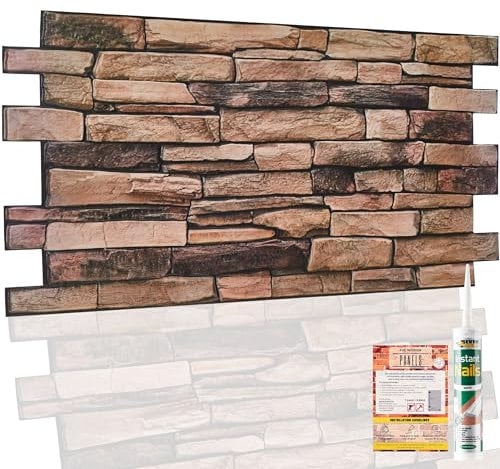 NOVECRAFTO Stone Effect 3D Wall Panels - 4 Sheets Covering 1.84 sqm | 19.84 sqf - Decorative PVC Plastic Cladding Panels - 96 cm x 48 cm | 37.80 x 18.90 in - Beige and Black 3D Brown Stone Effect