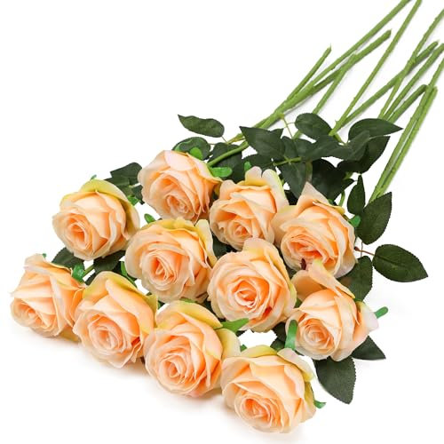 Tifuly Pink Fake Roses Artificial Flowers - 10 Pcs Fake Artificial Light Champagne Pink Roses Silk Flowers with Stems for Home Wedding Hotel Office Centerpiece Decor