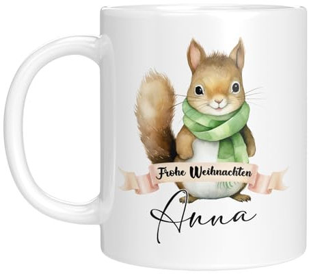 TassenTicker - Tasse zu Weihnachten - Weihnachtstasse - Personalisiert mit Namen - Kaffeetasse für jungen und Mädchen - Frohe Weihnachten - Weihnachts-Deko (Eichhörnchen)